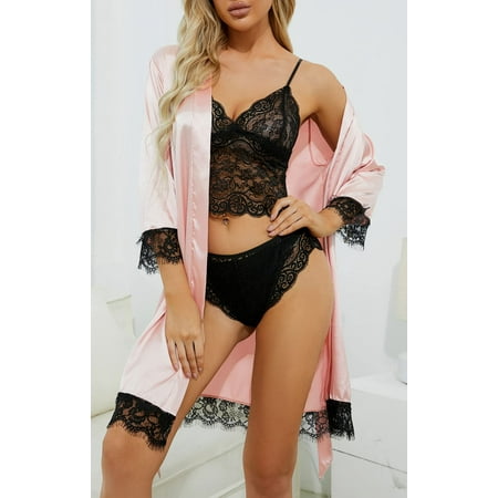 Women s Pajama Sets  Sexy Lingerie for Women  Satin Pajama Set 4Pcs Floral Lace Trim Lingerie Sleepwear with Robe  Women s Exotic Sleepwear & Robe Sets  Pink(M)