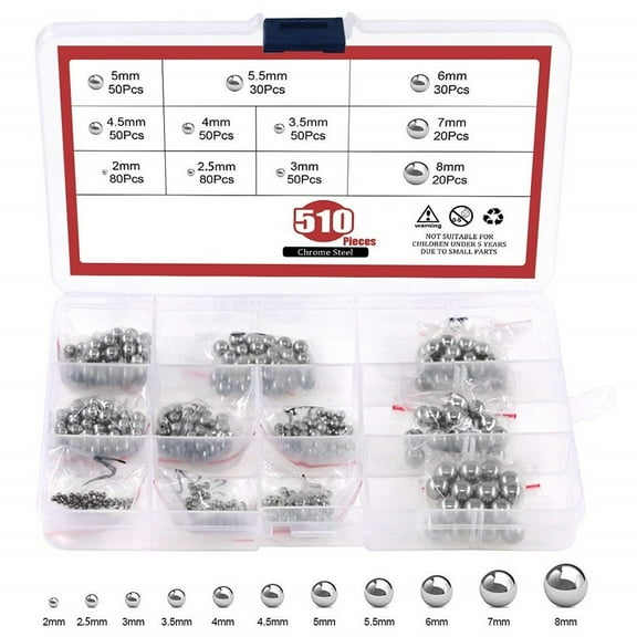 Stainless Steel Ball 510Pcs 2-8mm Assorted Loose Bicycle Bearing Steel Ball Assortment Kit（11 Sizes）
