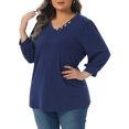 thumbnail image 4 of Plus Size Top for Women 3/4 Sleeve V Neck Button Decor Casual Solid Tees Shirts 2X Navy Blue, 4 of 5