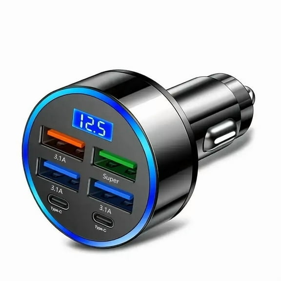 Fast Car Charger with four ports Voltage Display (2) USB C & (2) USB A