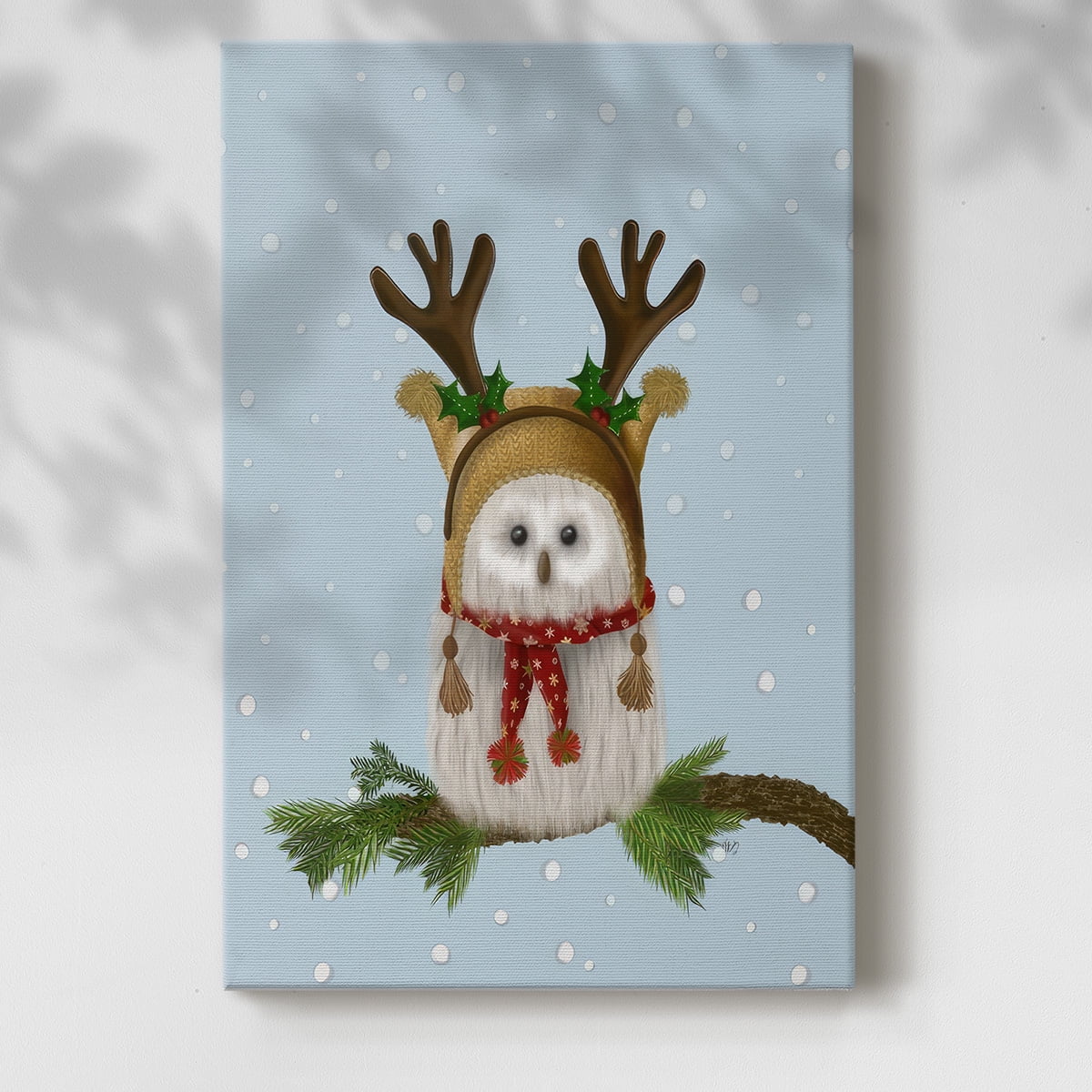 Christmas Fluffy Owl and Antlers- Gallery Wrapped Canvas