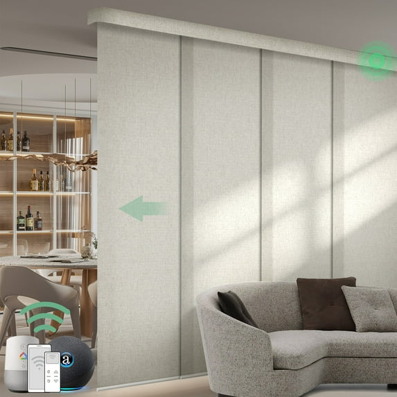 Yoolax Motorized Panel Track Blind Work with Remote Control Smart Light Filtering Vertical Blinds Electric Large Window Shade for Patio Sliding Door(Half Shading Linen Beige,72"W x 84"H)
