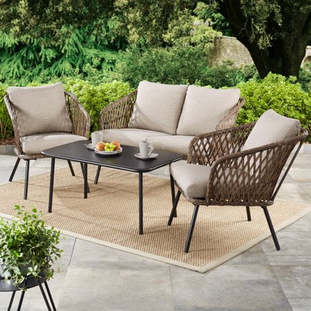 Mainstays Battle Creek 4-Piece Patio Wicker Conversation Set with Taupe