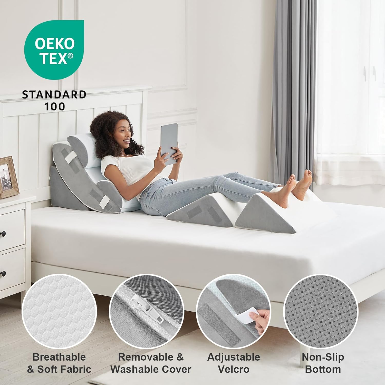 6PCS Orthopedic Bed Wedge Pillow for Sleeping, Adjustable Post Surgery Pillow Set for Body, Back and Leg Pain Relief, Memory Foam Support Pillows for After Surgery, White