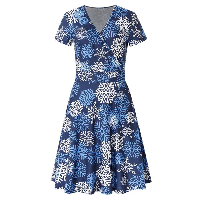 Femmes Été Mode Manches Courtes V Cou Vintage Noël Neige Imprimer Parti Swing Robe