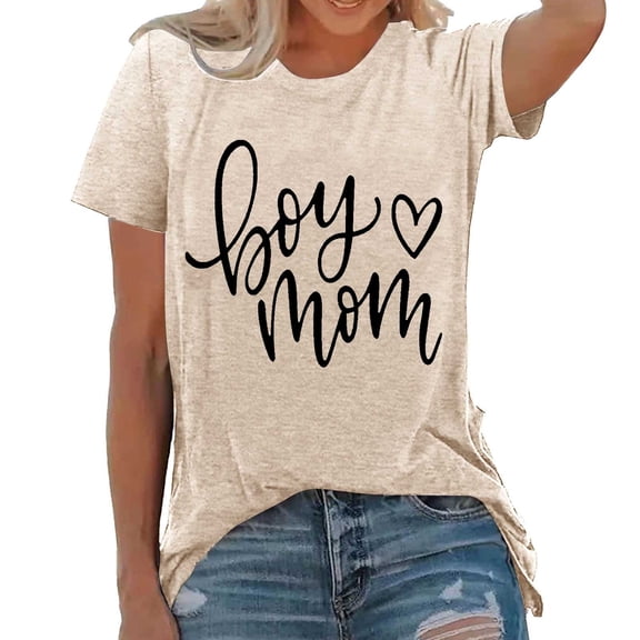 Lkhaha Womens Graphic T Shirts Boy Heart Mom Letter Print Summer Short Sleeve Casual Plus Size Outfits Beige L