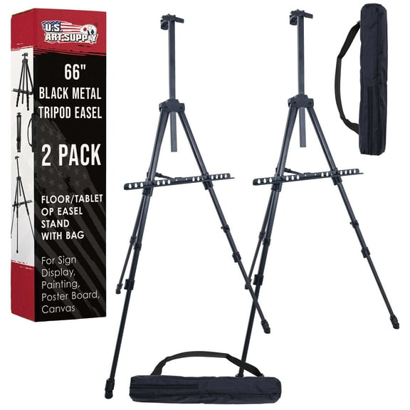 U.S. Art Supply - Pack of 2 - 66 Inch Sturdy Black Aluminum Tripod Artist Field and Display Easel Stand - Adjustable Height 20" to 5.5 Feet, Holds 32" Canvas