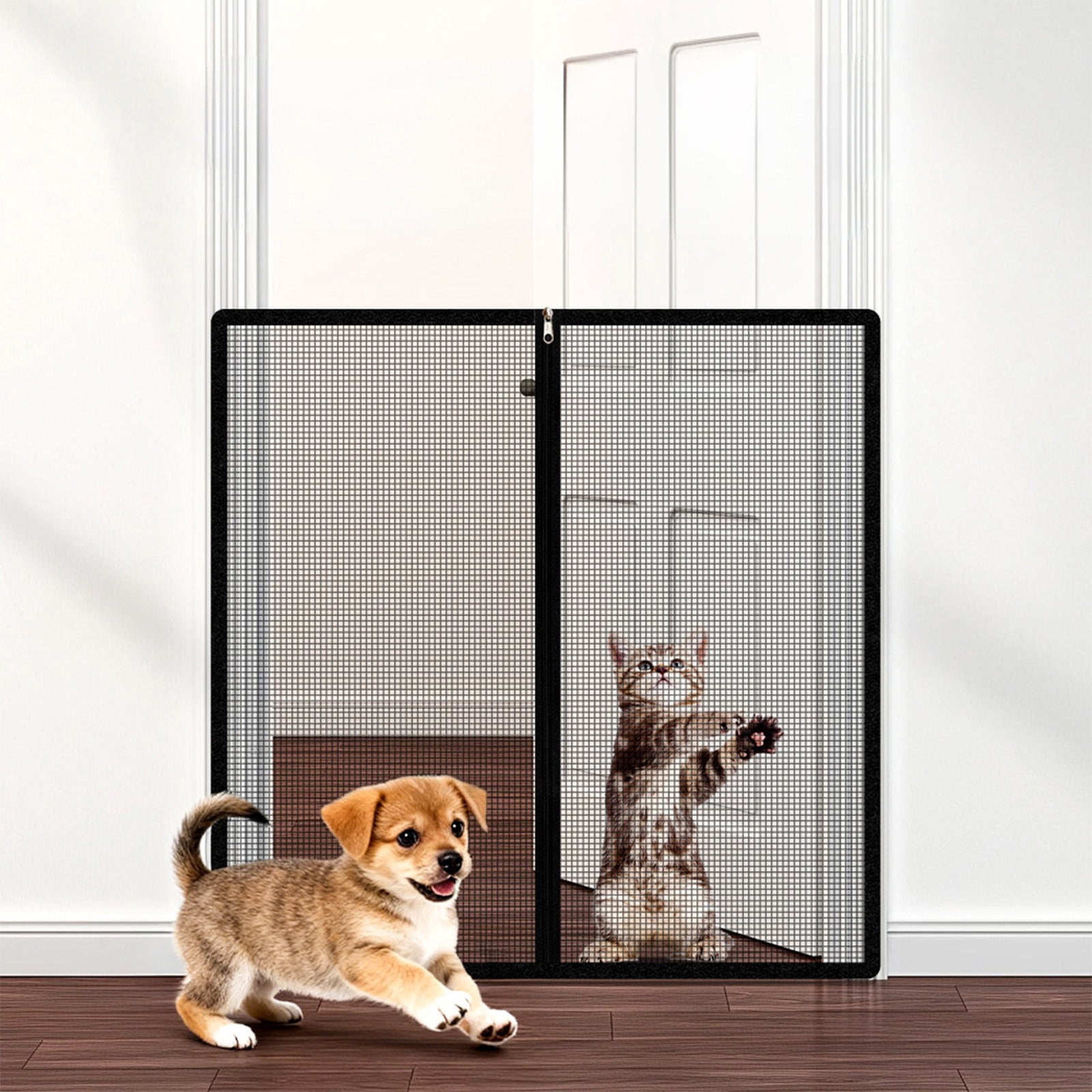 cpengpj No Drill Pet Barrier with Zippered Door, Black Polyester Mesh Gate for Cats and Dogs, Escape Proof, Easy Installation, Home Safety, 85x85cm