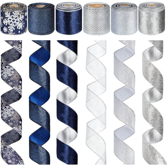 6 Rolls Christmas Wired Ribbon Glitter Wired Ribbon Metallic Rose Gold Ribbon Web Mesh Ribbon for Gift Wrapping DIY Christmas Tree Crafts Wedding Party Decoration, 2.5 Inch 6 Yards (Classic Style)