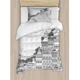 thumbnail image 1 of Nepal Twin Size Duvet Cover Set, Hand Drawn Monochrome Scene from Kathmandu Urban Life Illustration Buildings, Decorative 2 Piece Bedding Set with 1 Pillow Sham, Black and White, by Ambesonne, 1 of 3