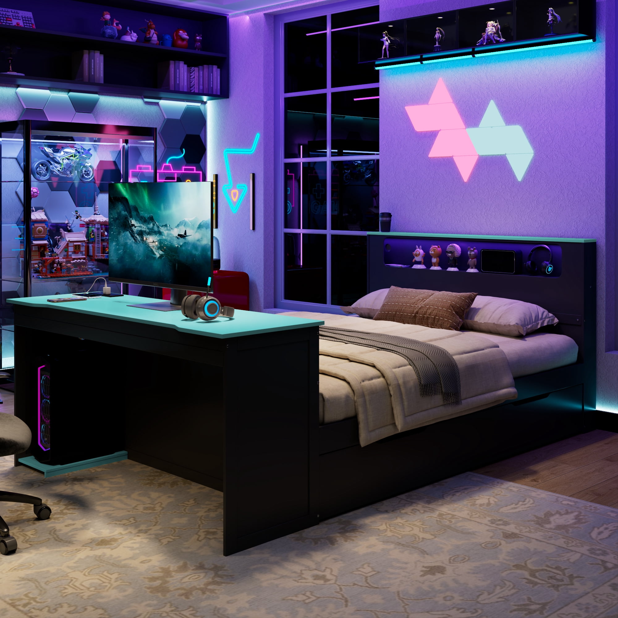 Mintazer Full Gaming Bed with Charge Station & Lights, Daybed with Desk & Trundle for Home Office, Black & Blue