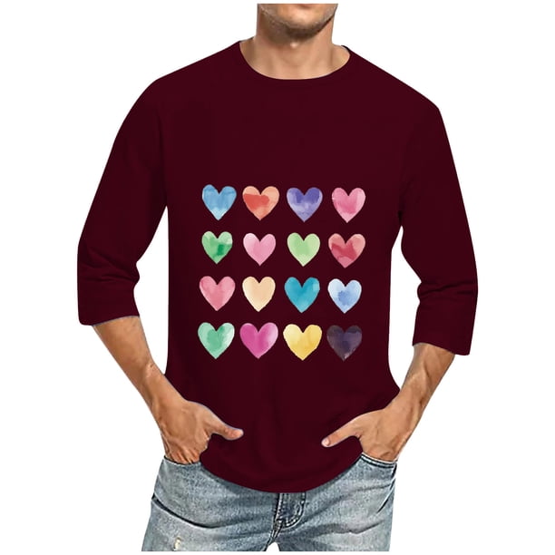 Camisas de Manga Larga para los Hombres Día de San Valentín Impresión Cuello Redondo Moda Casual, Mezcla de Poliéster de Lino de Algodón para Primavera Verano