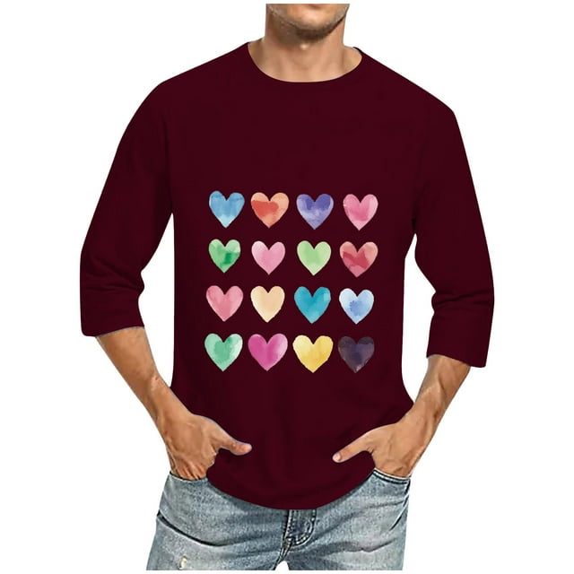 Camisas de Manga Larga para los Hombres Día de San Valentín Impresión Cuello Redondo Moda Casual, Mezcla de Poliéster de Lino de Algodón para Primavera Verano