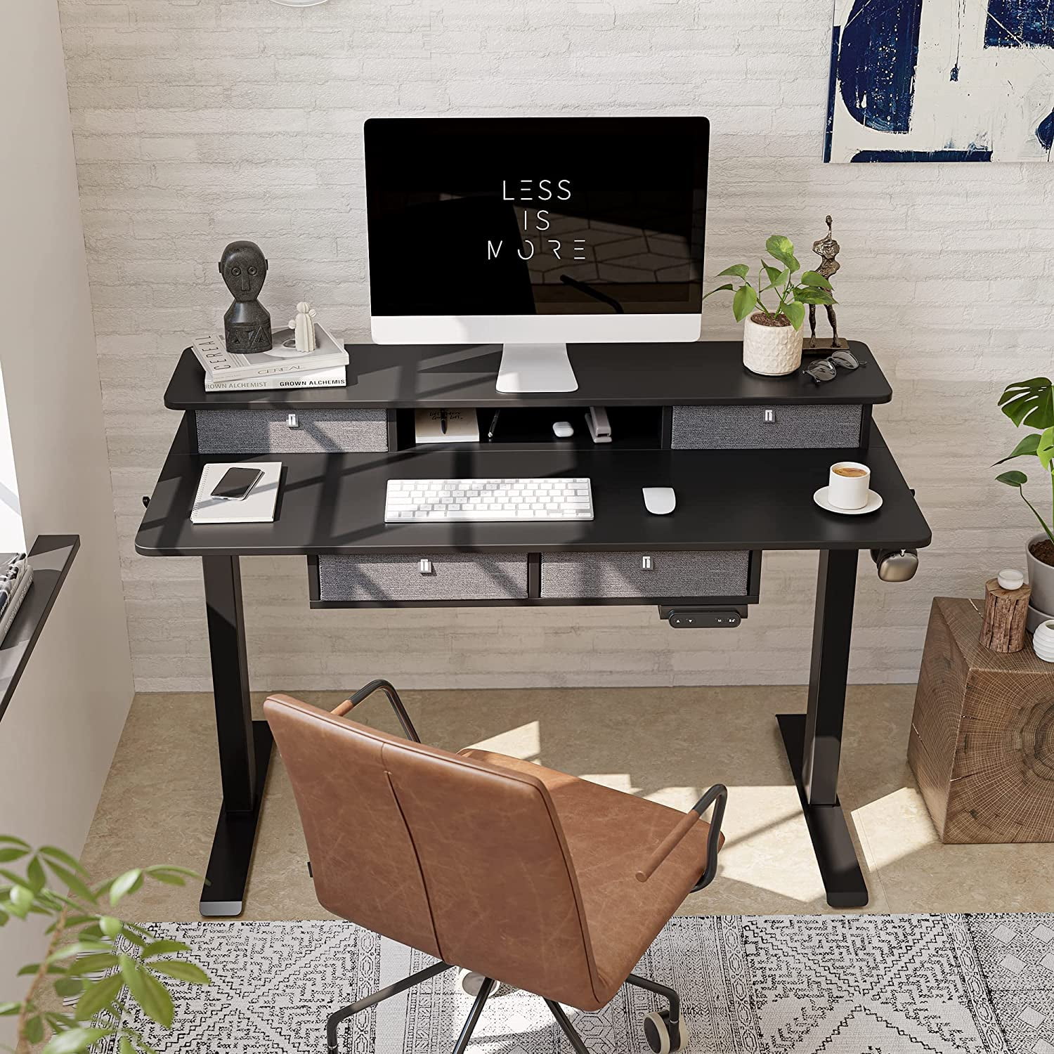 FEZIBO 48 x 24 Inch Height Adjustable Electric Standing Desk with 4 Drawers, Stand Up Table with Storage Shelf, Sit Stand Desk with Splice Board, Black Frame/Black Top