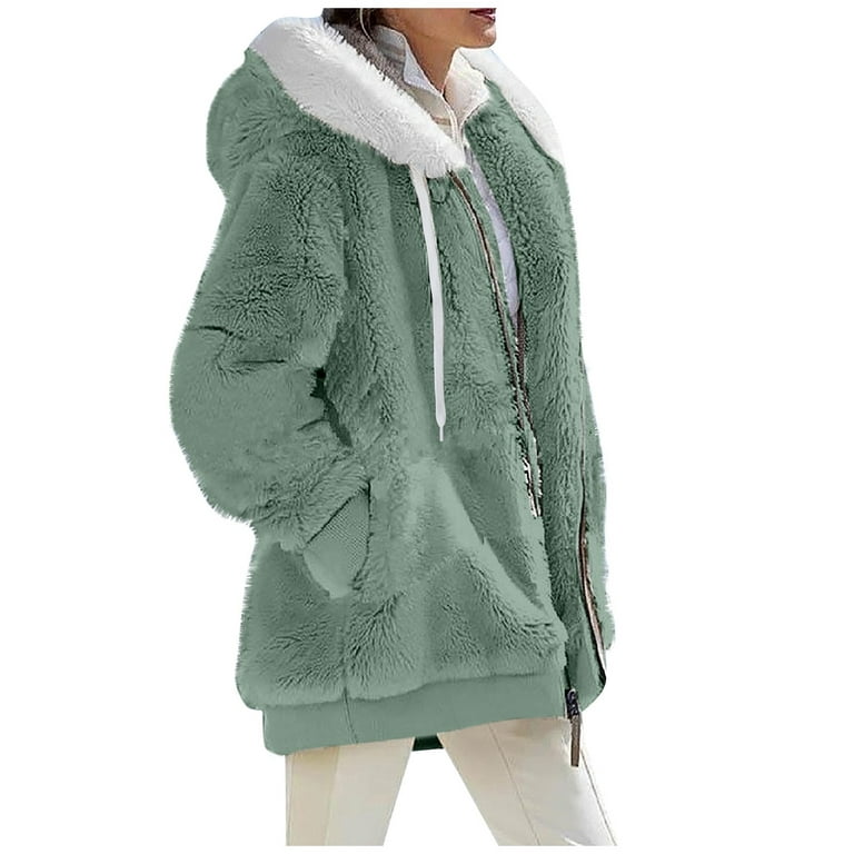 TQWQT Zip Up Hoodie for Women, Faux Fur Sherpa Coat Fashion Oversized  Fluffy Sweatshirt Full Zip Up Plush Hoodie Mint Green XL