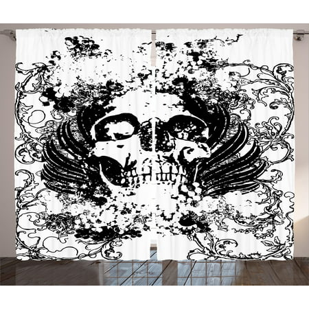Gothic Curtains 2 Panels Set, Scary Skull in Grunge Sketch Dead Themed Dark Horror Evil Illustration Image, Window Drapes for Living Room Bedroom, 108W X 63L Inches, Black and White, by Ambesonne