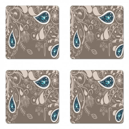 

Paisley Coaster Set of 4 Oriental Motifs with Swirled Branch and Flower Pattern Bohemian Art Square Hardboard Gloss Coasters Standard Size Pale Brown Teal by Ambesonne