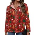 thumbnail image 5 of WTOBBY Women's Christmas Print Casual Half Open Collar Long Sleeve Shirt, Holiday Themed Blouse for Seasonal Outfits and Christmas Parties,Watermelon Red L, 5 of 5