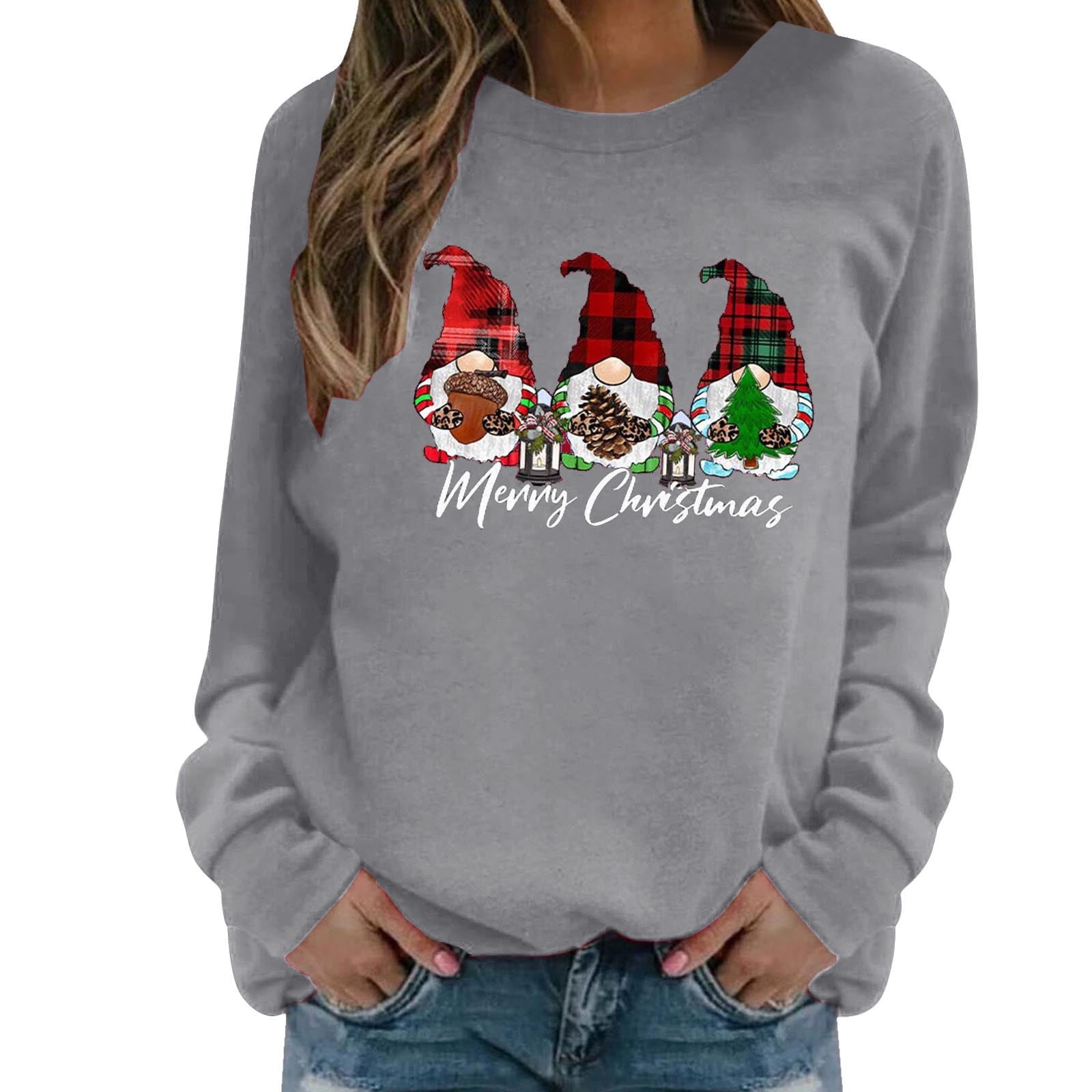 Christmas Shirts for Women Cute Gnomes Santa Print Pullovers Casual ...