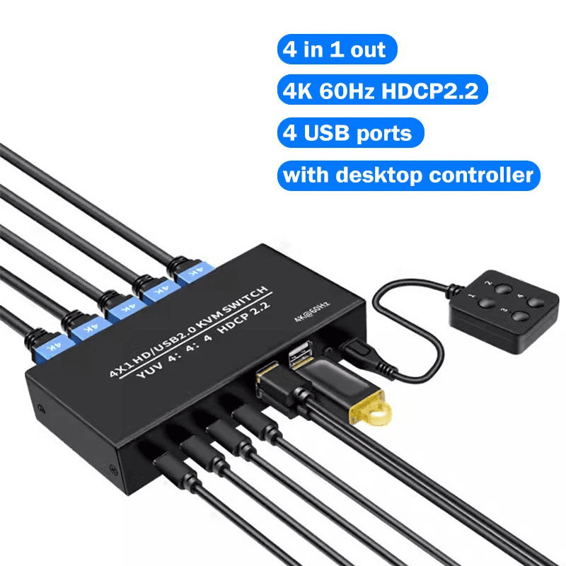 RIWPKFH 4 port HDMI KVM Switch 4 in 1 out 4K 60Hz HDMI USB Switch Selector with Desktop Controller for 4 PC Share Monitor Mouse Keyboard