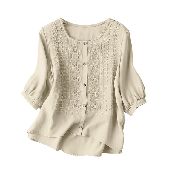 Women's Casual 3/4 Sleeve Round Neck Button Front Loose Fit Cardigan Blouse Top