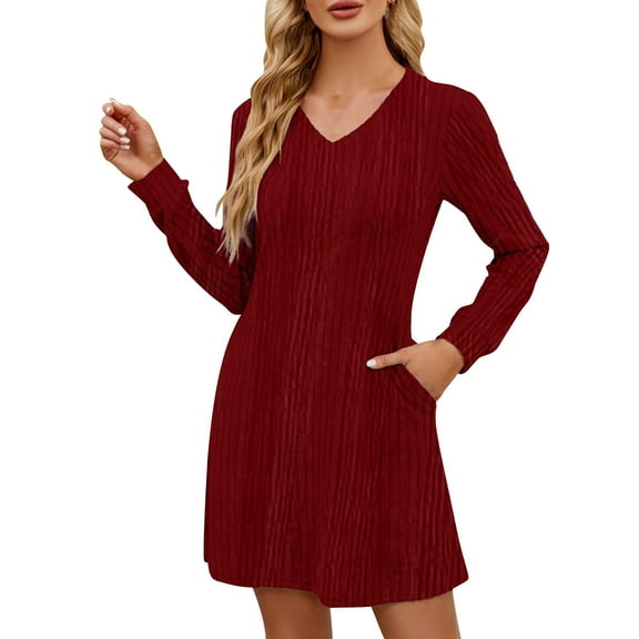 Efsteb Fall Fashion 2025 Women's Knit Long Sleeve Sweater Dress Casual V Neck Tunic Dresses Loose Fit Dress with Pockets (Wine,L)