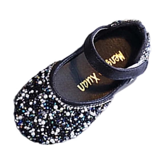 IVEYRTF Girls Rhinestone Mary Janes Shoes with Strap Sparkly Flats Kids Casual Every Wear Party Shoes(Black,3.5-4 Years)