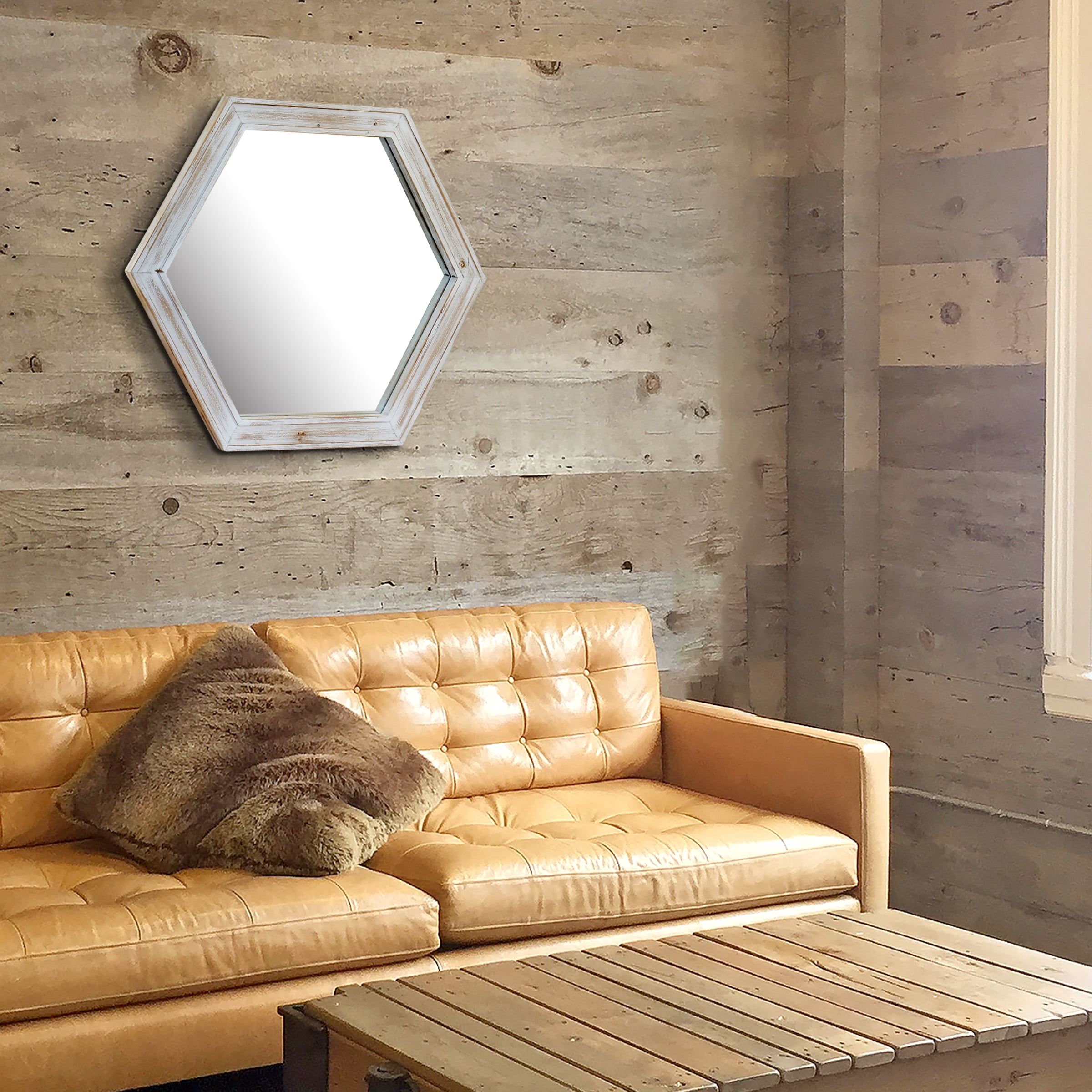 Stonebriar 23.8" x 20.6" Off-White Country Rustic Wood Hexagon Wall Mirror
