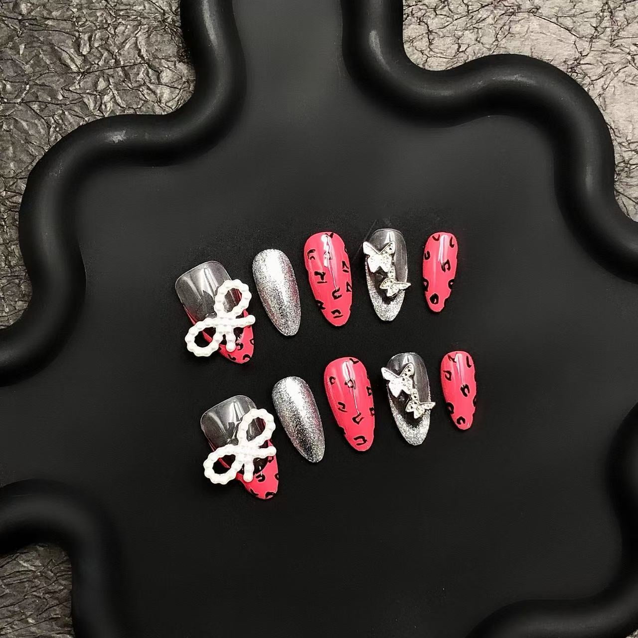 10pcs Handmade Long Coffin Press-On Nails Red Ombre Chrome Design Reusable Fake Nail Tips