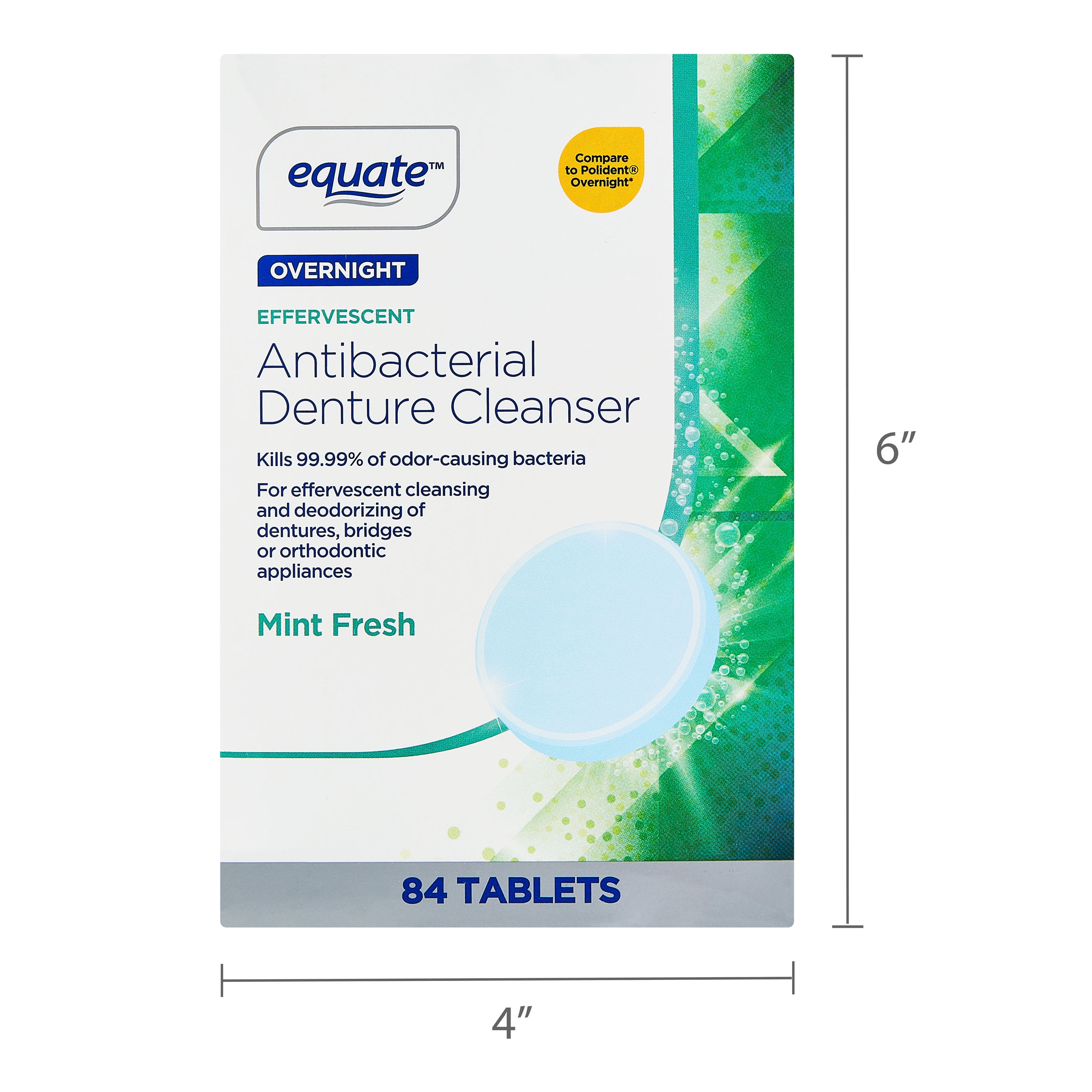 (2 pack) Equate Effervescent Overnight Antibacterial Denture Cleanser Tablets, Mint Fresh, 84 Count