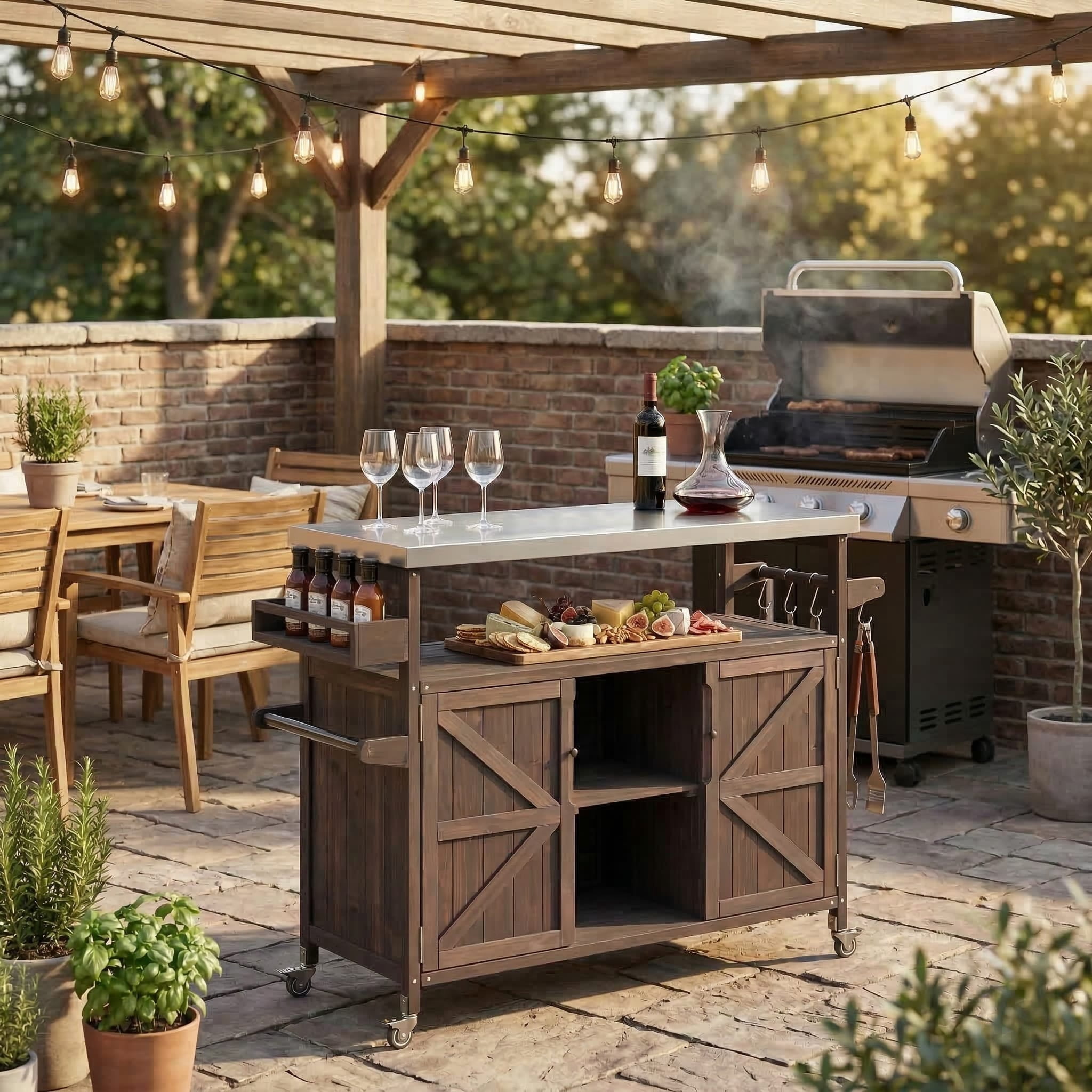 Homy Casa Outdoor Grill Cart with Storage Cabinet, Rolling BBQ Prep Table, Patio Storage Cabinet