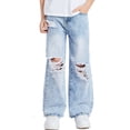 thumbnail image 5 of Girls Wide Leg Jeans Streetwear Fashion Elastic Waist Ripped Denim Pants Trousers with Pockets Size 6-13, 5 of 6