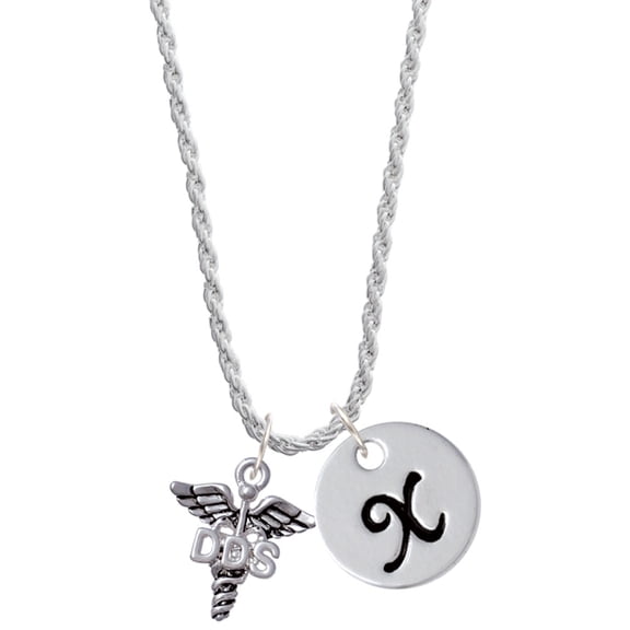 Delight Jewelry Silvertone Caduceus - DDS Silvertone Script Initial Disc - X - Charm Necklace, 20"+3"