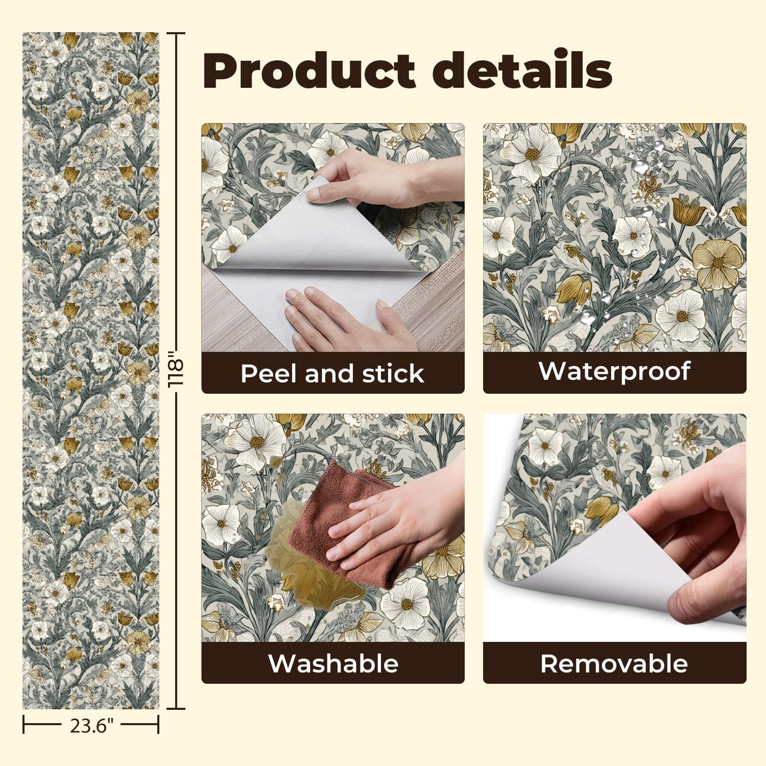 Peel and Stick Wallpaper Botanical Floral Gold White Blooms Soft Gray Wall Mural 23.6in x 9.8ft Self Adhesive Removable Wall Paper Renter Friendly Wallpaper for Girls Women Bedroom Livingroom