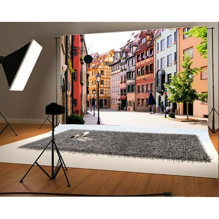 Image of MOHome 7x5ft Nuremberg Street Backdrop Half-timbered Houses Old Town Road Lamp Green Plants Nature Landscape Spring Photography Background Kids Adults Photo Studio Props