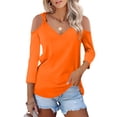 thumbnail image 3 of Women 3/4 Sleeve V Neck Shirts Knotted Cold Shoulder Tunic Tops Solid Color Comfy Fall Summer Tees Tshirts (L, Orange), 3 of 7