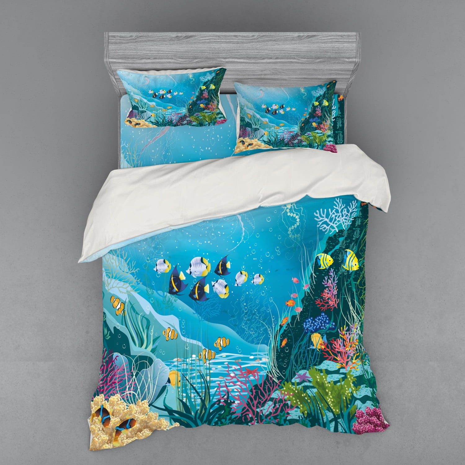 Fish Duvet Cover Set, Underwater Landscape with Tropical Fish and Algae