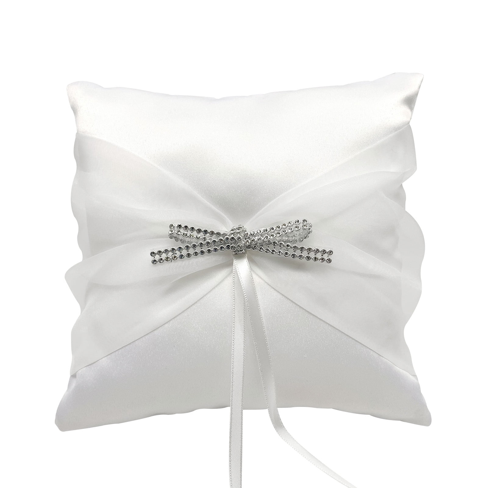 New 20cm White Wedding Ring Pillow Bearer with Rhinestone Ribbon Bow Party Decor 