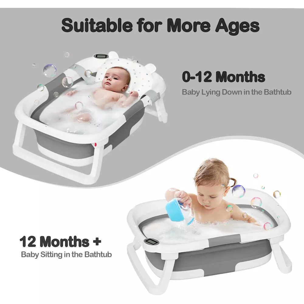 Tumajup Collapsible Baby Bathtub with Soft Bath Cushion&Thermometer Gray