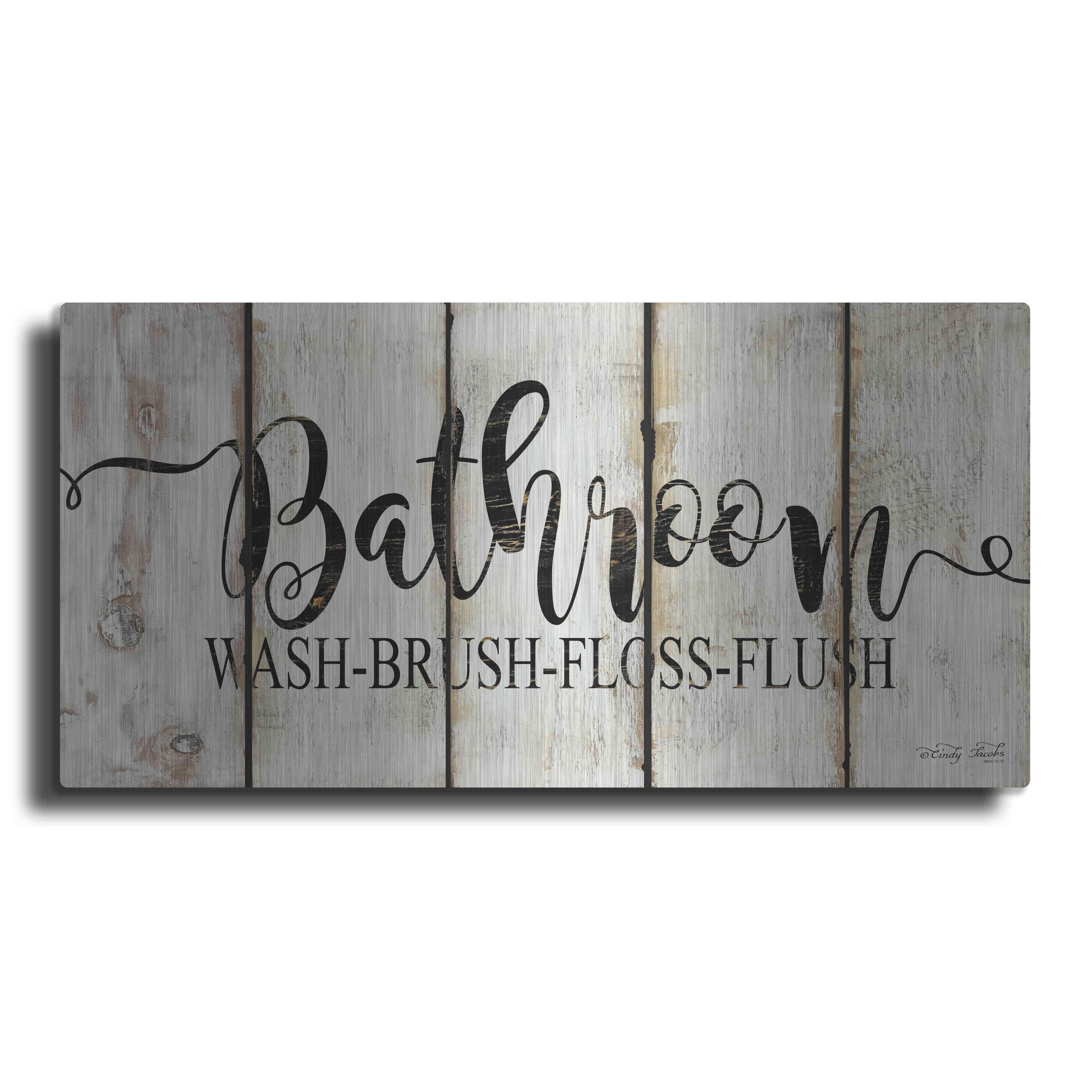 Luxe Metal Art 'Bathroom on Wood Panels' by Cindy Jacobs, Metal Wall