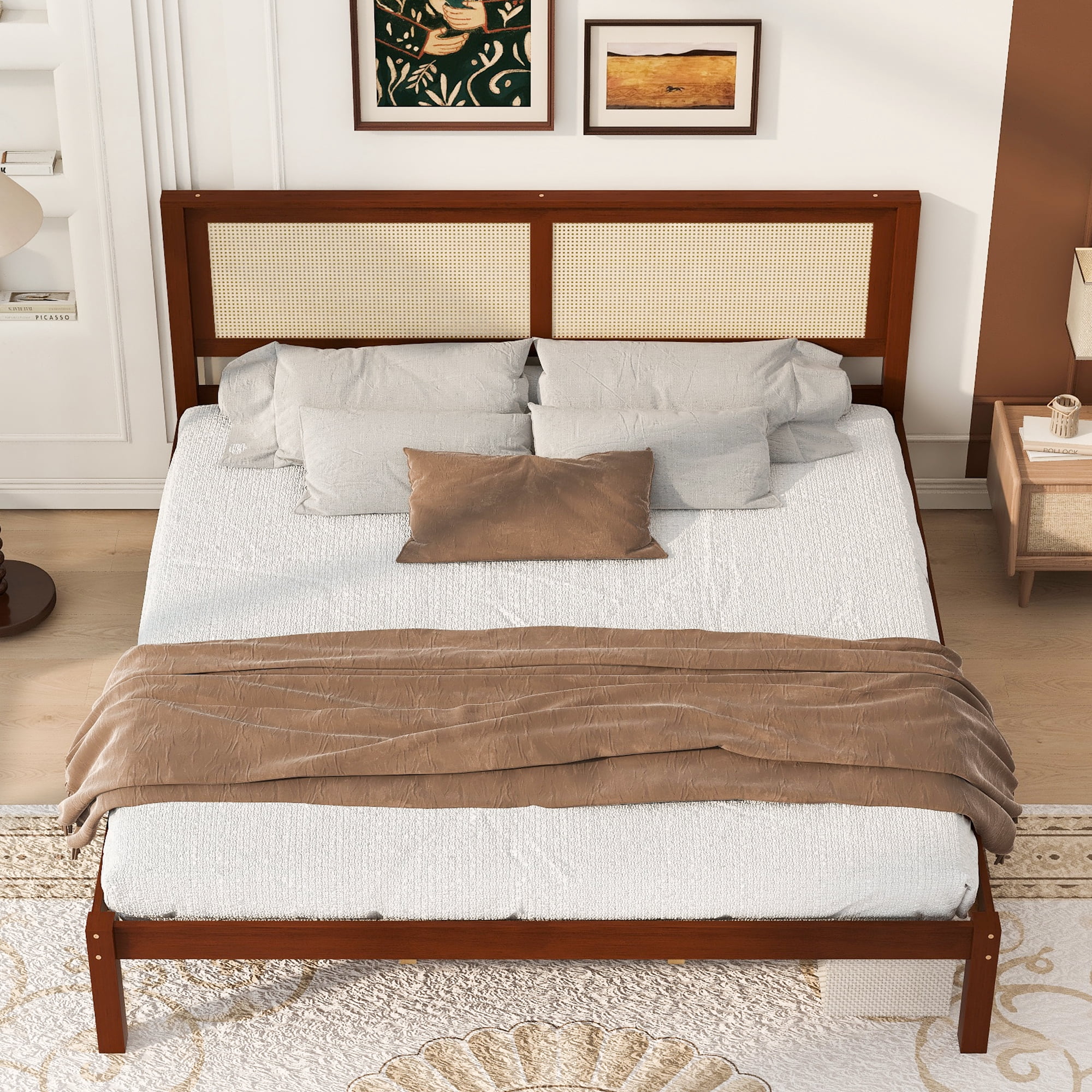King Bed Frame with Rattan Headboard, Solid Wood Platform Bed and Farmhouse Boho Bed Frame with Under-Bed Storage for Bedroom, Walnut Finish