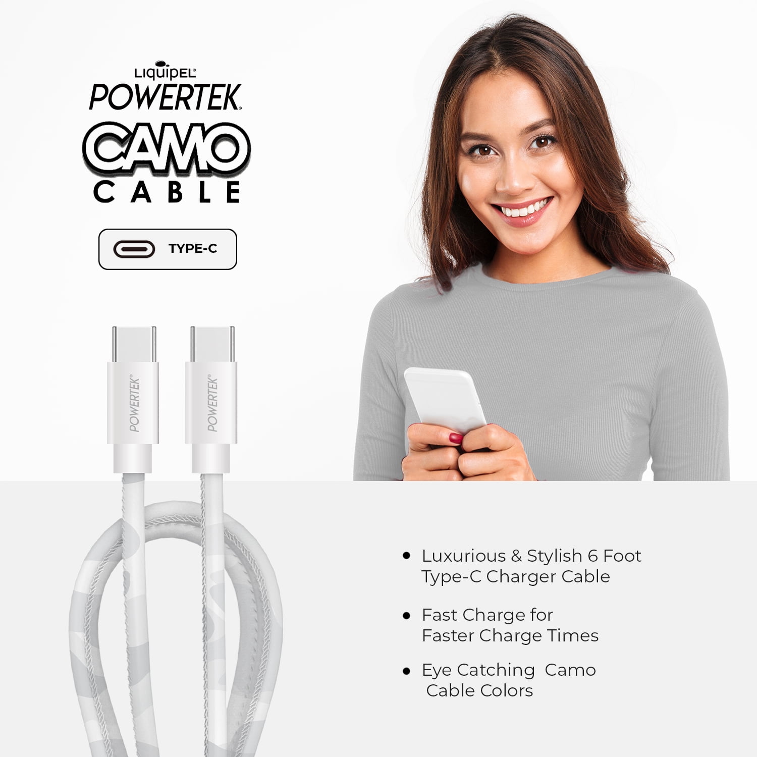 Liquipel Powertek Pastel Camo 6' USB-C to USB-C Cable, White