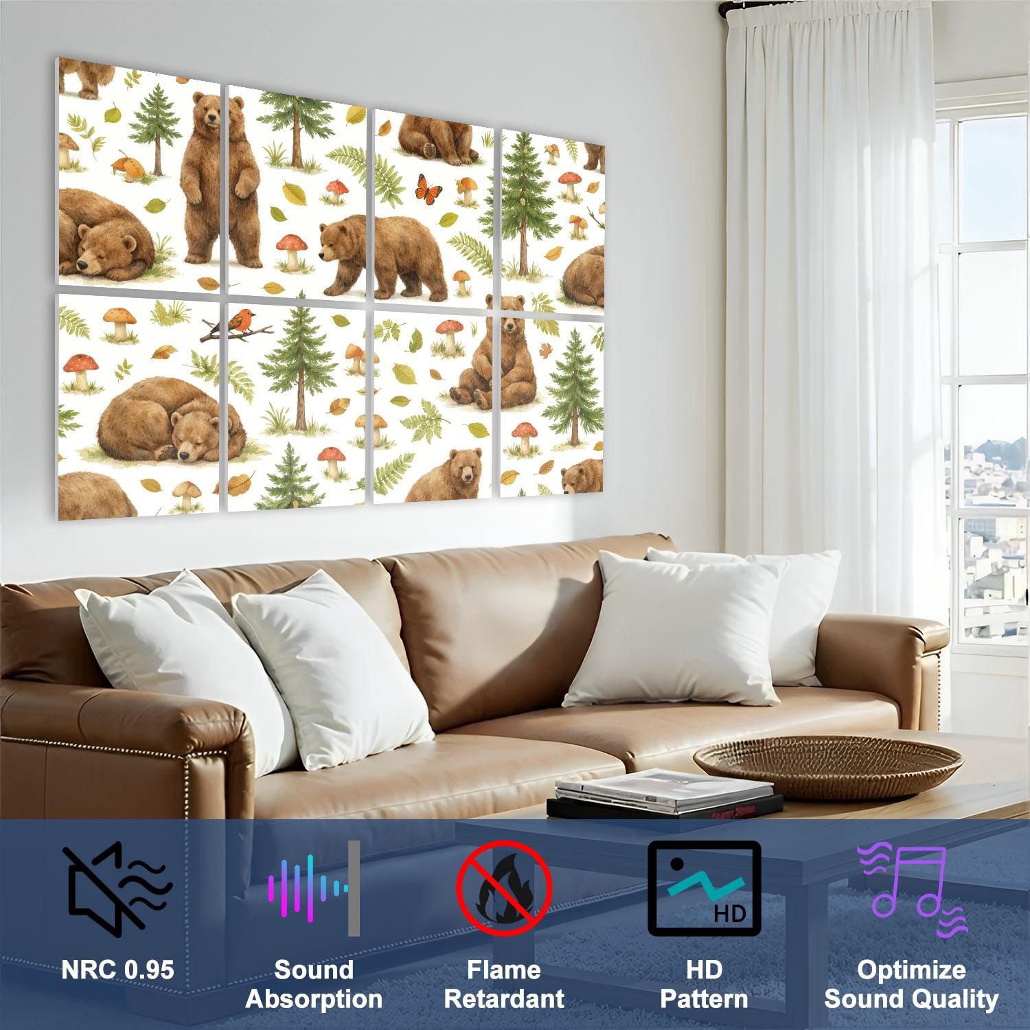 Classroom 8 Pack Art Acoustic Panels Sound Absorbing Cute Brown Bears Forest Elements Decorative Soundproof Wall Panels Self Adhesive for Nursery Kids Game Room 48"x32"