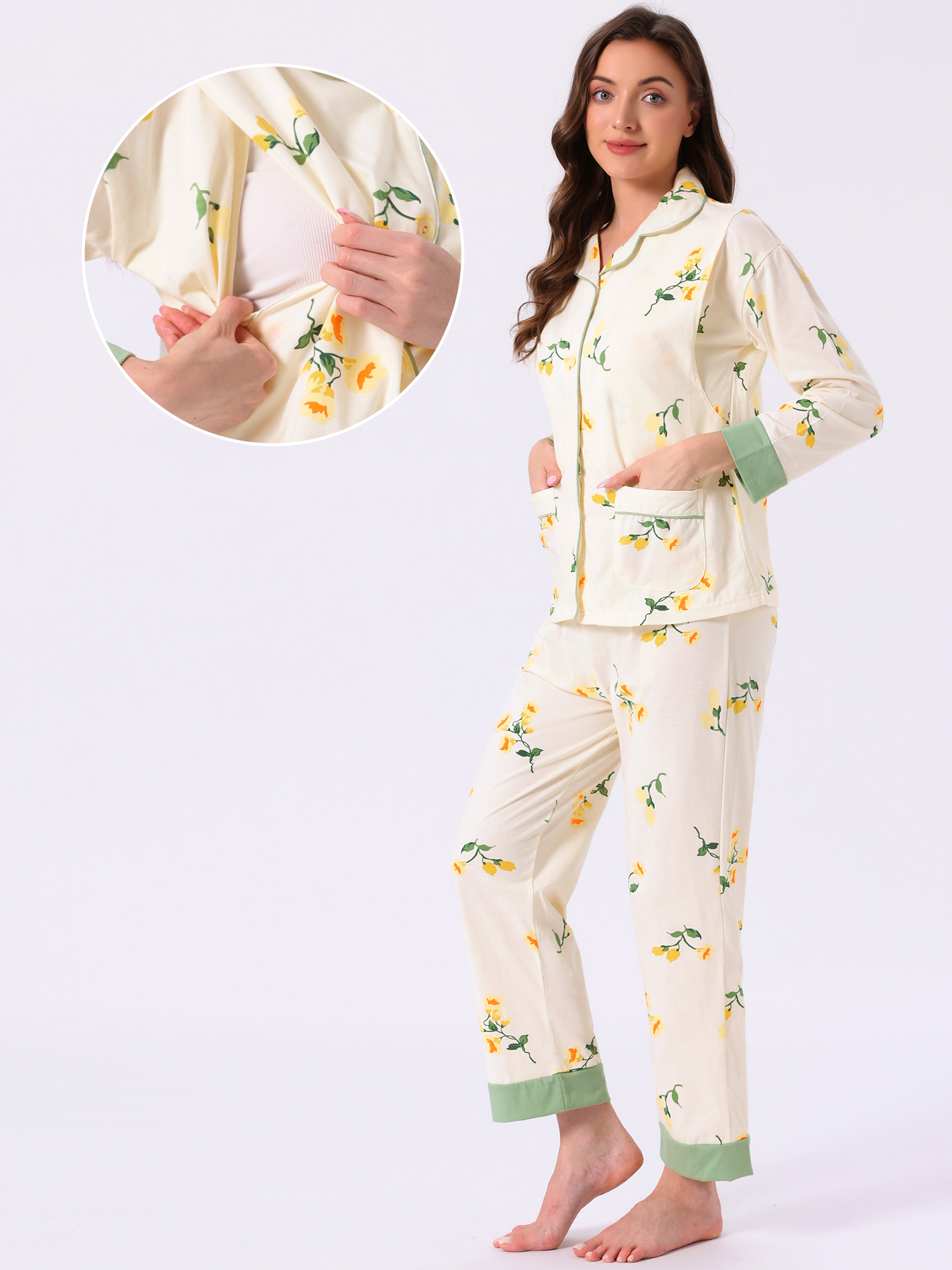 DARING DIVA Women's Nursing  Postpartum Button Down Long Sleeve Pajama Sets 2XL Green