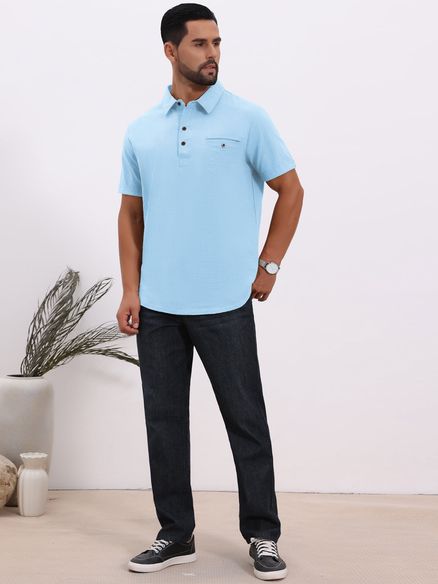 DARING DIVA Men's Linen Chest Pocket Short Sleeve Casual Hawaiian Shirts L Light Blue
