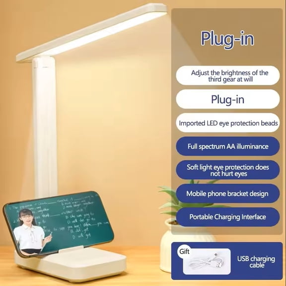 USB Powered Foldable LED Desk Lamp, 3-Level Dimmable Cool White, Fixed Angle Eye-Caring Light for Office Study Reading