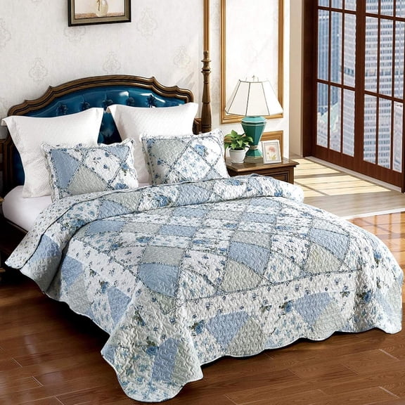Lightweight Blue Floral Quilt Set, Full Queen Size 3 Pieces with 2 Pillowcases