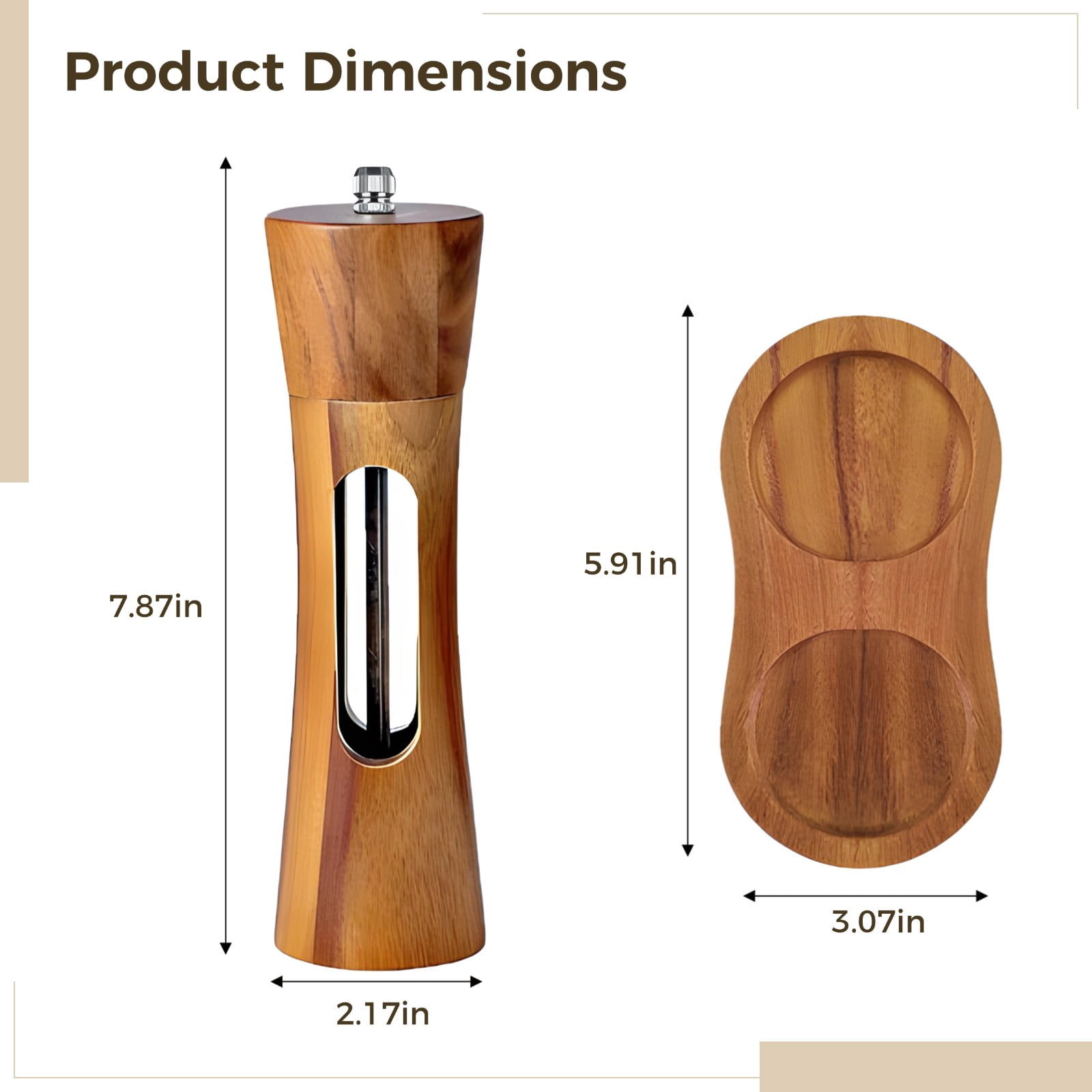 Wooden Pepper and Salt Grinder Set, 2 Adjustable Ceramic Mills with Wooden Base Includes Transparent Windows, Perfect for Spices and Seasoning