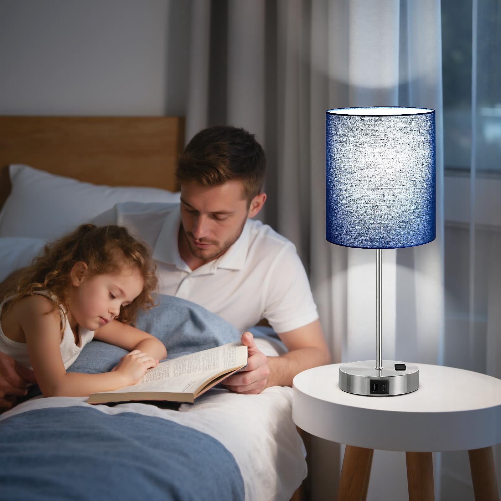 Blue Touch Lamps For Nightstand Set Of 2 - Bedside Table Lamp Bedroom With Dual Usb Ports & Ac Outlet  3-way Dimmable Living Room Night Light 5000k Daylight Bulbs