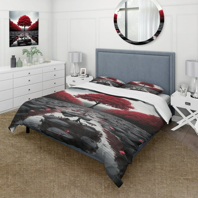 Designart "Forest Serenity Red and Grey" Floral Bedding Covert Set - Forest Red Landscapes Bed Set With 2 Shams